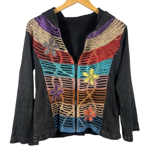 Vintage Tops - Bohemian Hippie Flower Colorful Zip Up Hoodie Medium